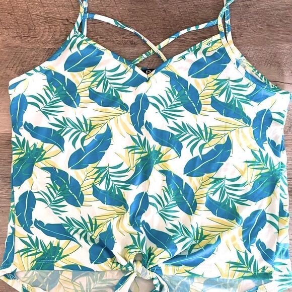 ๐บ Poof Tropical Botanical Print Strappy Knotted Tank Top NWT Size L - Picture 2 of 8
